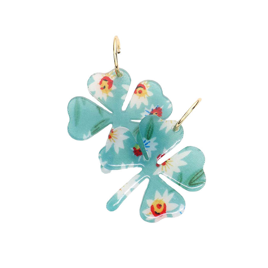 Flower Patterned Resin Clover Dangle Earrings