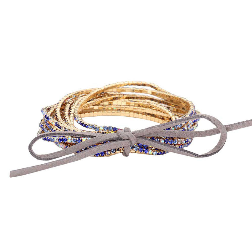 12PCS Ribbon Colorful Rhinestone Layered Stretch Bracelets