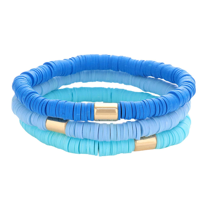 3PCS Metal Cylinder Heishi Beaded Stretch Bracelets