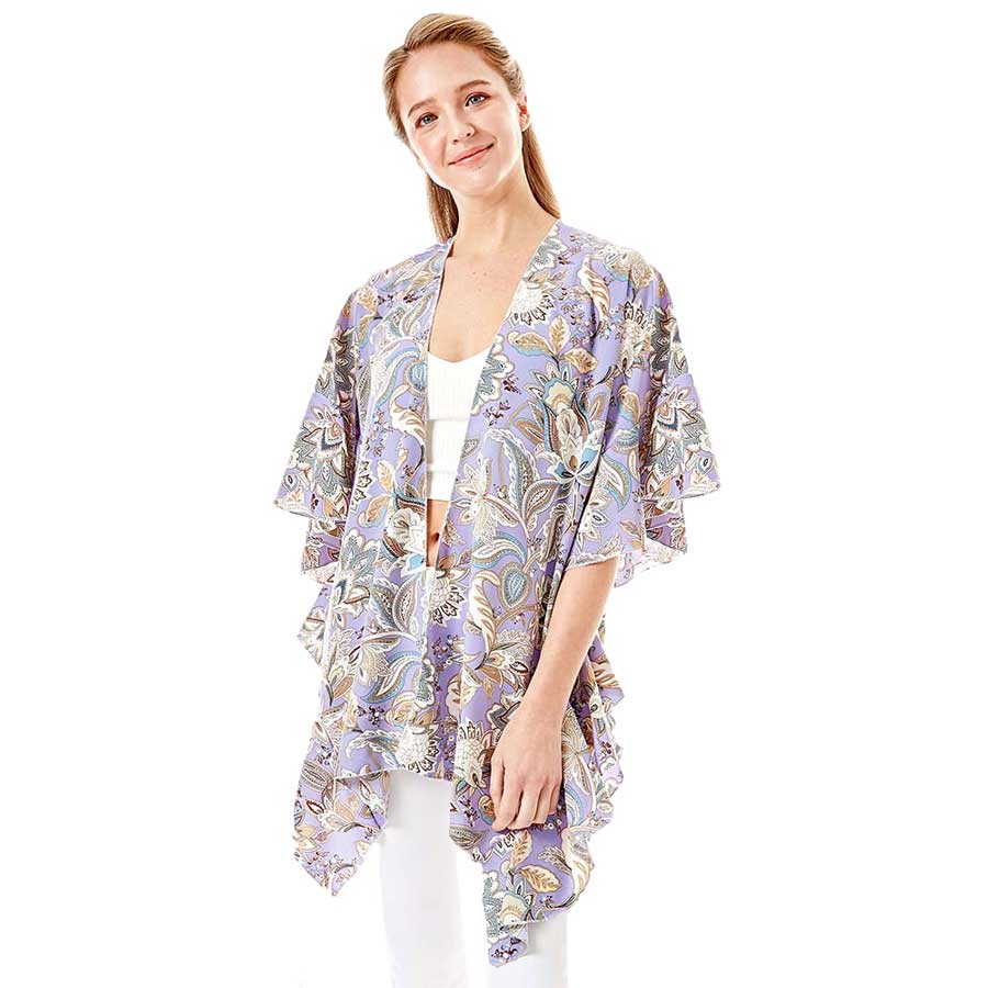 Floral Paisley Printed Ruffle Sleeves Cover Up Kimono Poncho