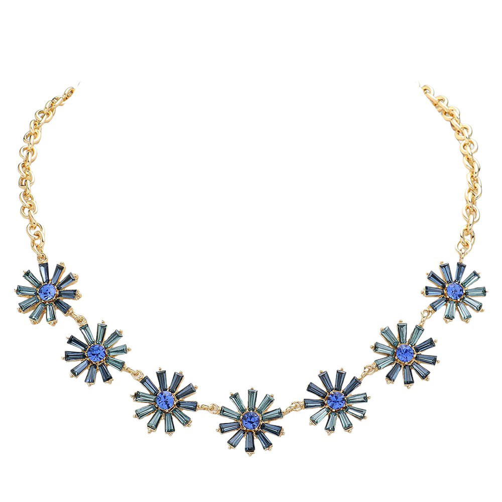 Glass Stone Embellished Flower Cluster Link Necklace