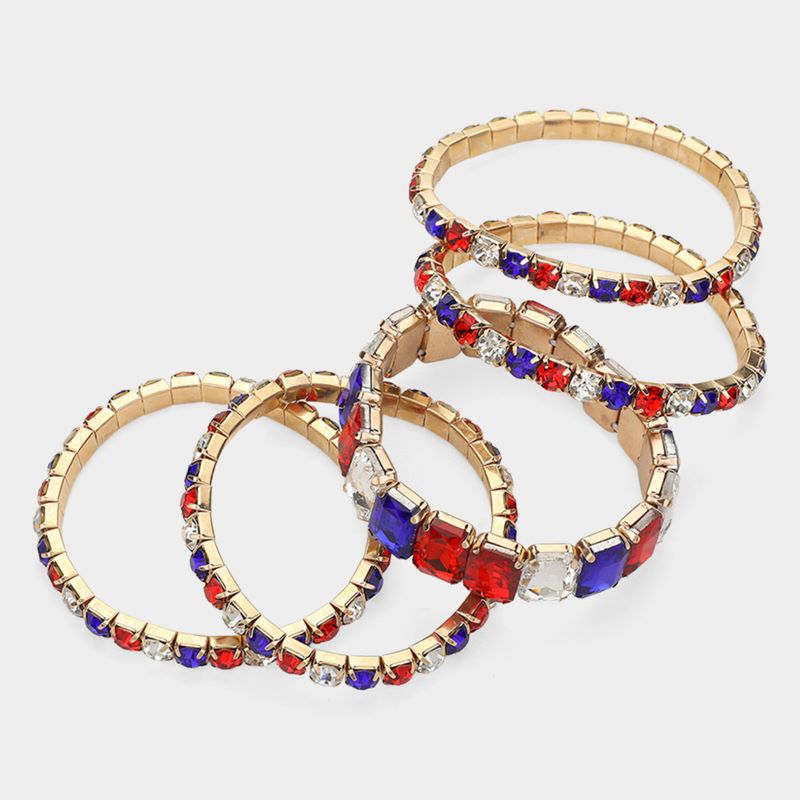 Women's 5PCS - Emerald Cut Round Stone Stretch Evening Bracelets 4th of July