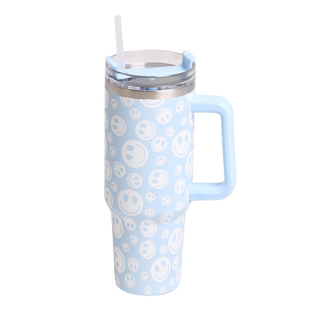 Happy Face Printed 40oz Stainless Steel Tumbler With Handle