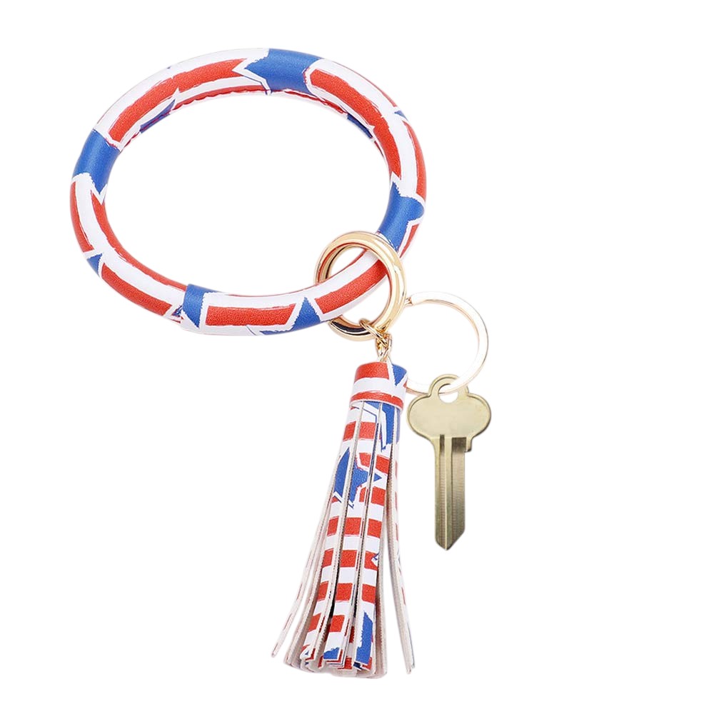 Patriotic USA Flag Faux Leather Tassel Keychain Bracelet