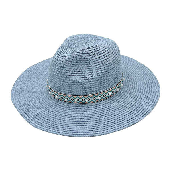 Pearl Embellished Aztec Band Panama Sun Hat