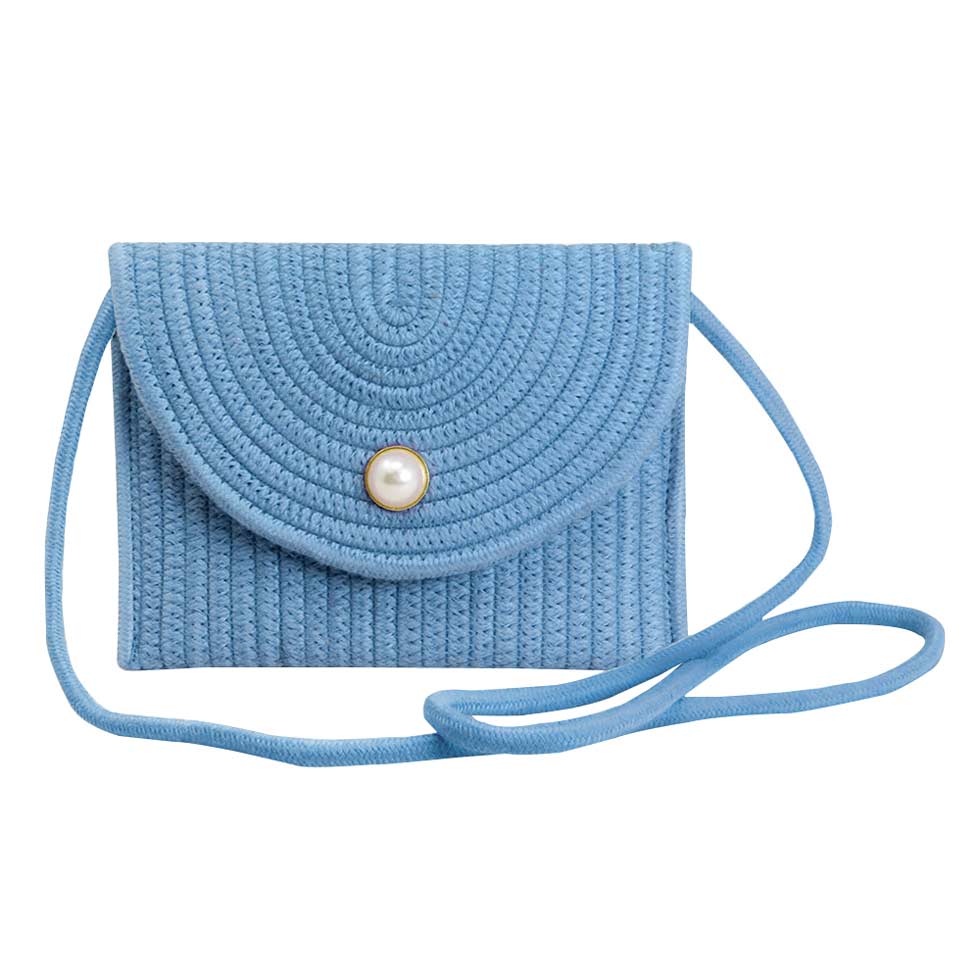 Solid Color With Pearl Button Straw Micro Crossbody Bag