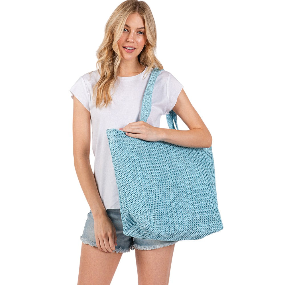 Women's Solid Crochet Straw Tote Bag / Beach