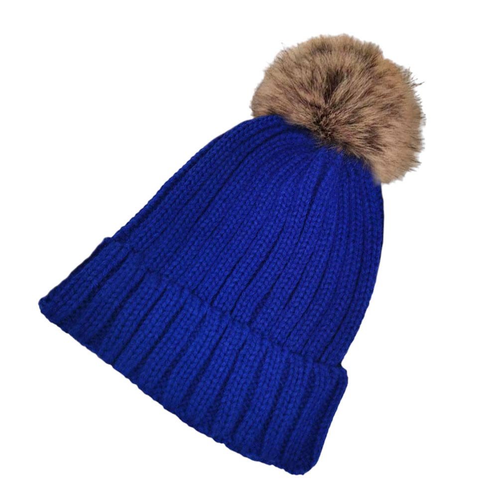 Gorro de punto liso con pompón de piel sintética