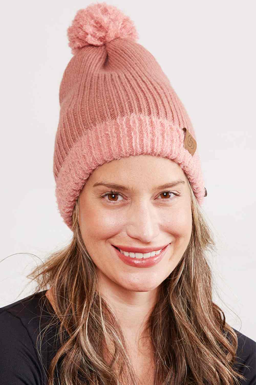 Ribbed Brim Button Pom Beanie