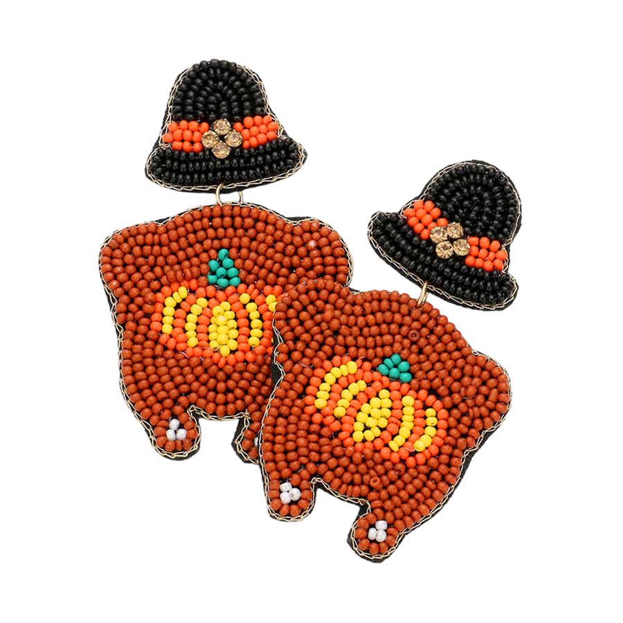 Felt Back Seed Beaded Pumpkin Pointed Turkey Dangle Earrings