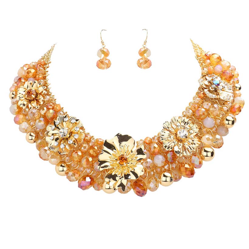 Metal Flower Accented Beaded Collar Necklace