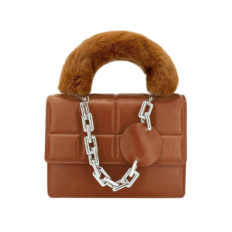 Solid Faux Fur Handle Tote Crossbody Bag
