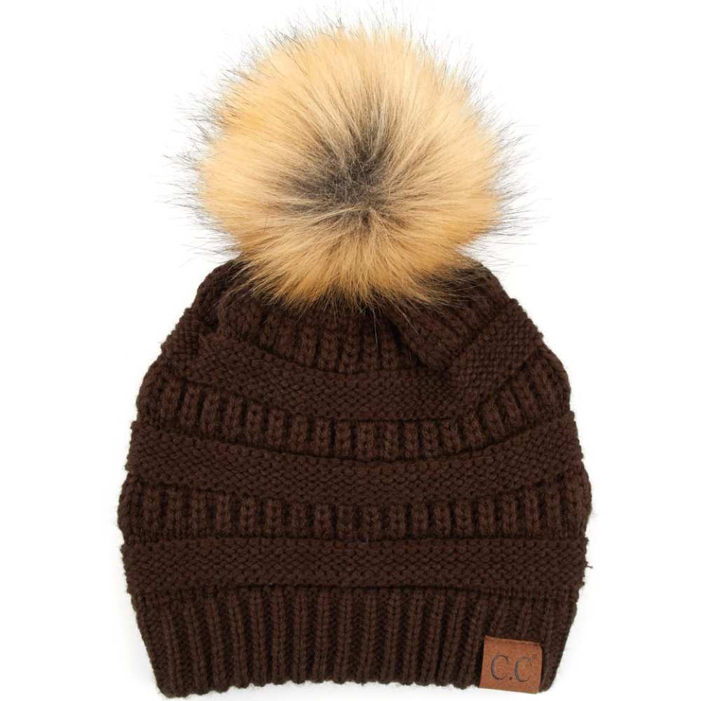 C.C Solid Ribbed Knit Beanie with Pom