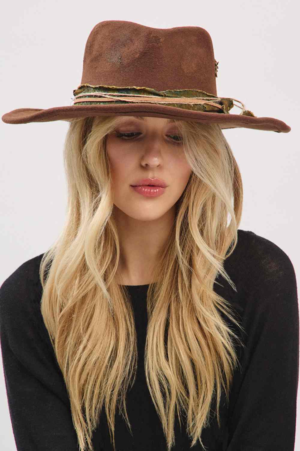 Distressed Fabric Band Cowgirl Fedora Hat