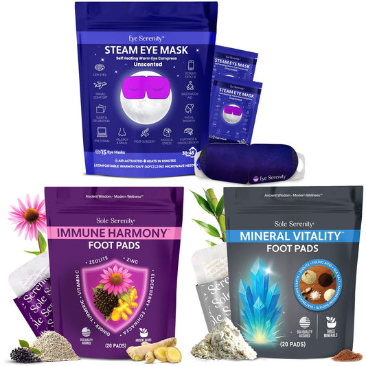 Paquete para alergias primaverales | Mascarilla de vapor para ojos + Armonía inmune + Parches desintoxicantes para pies Mineral Vitality