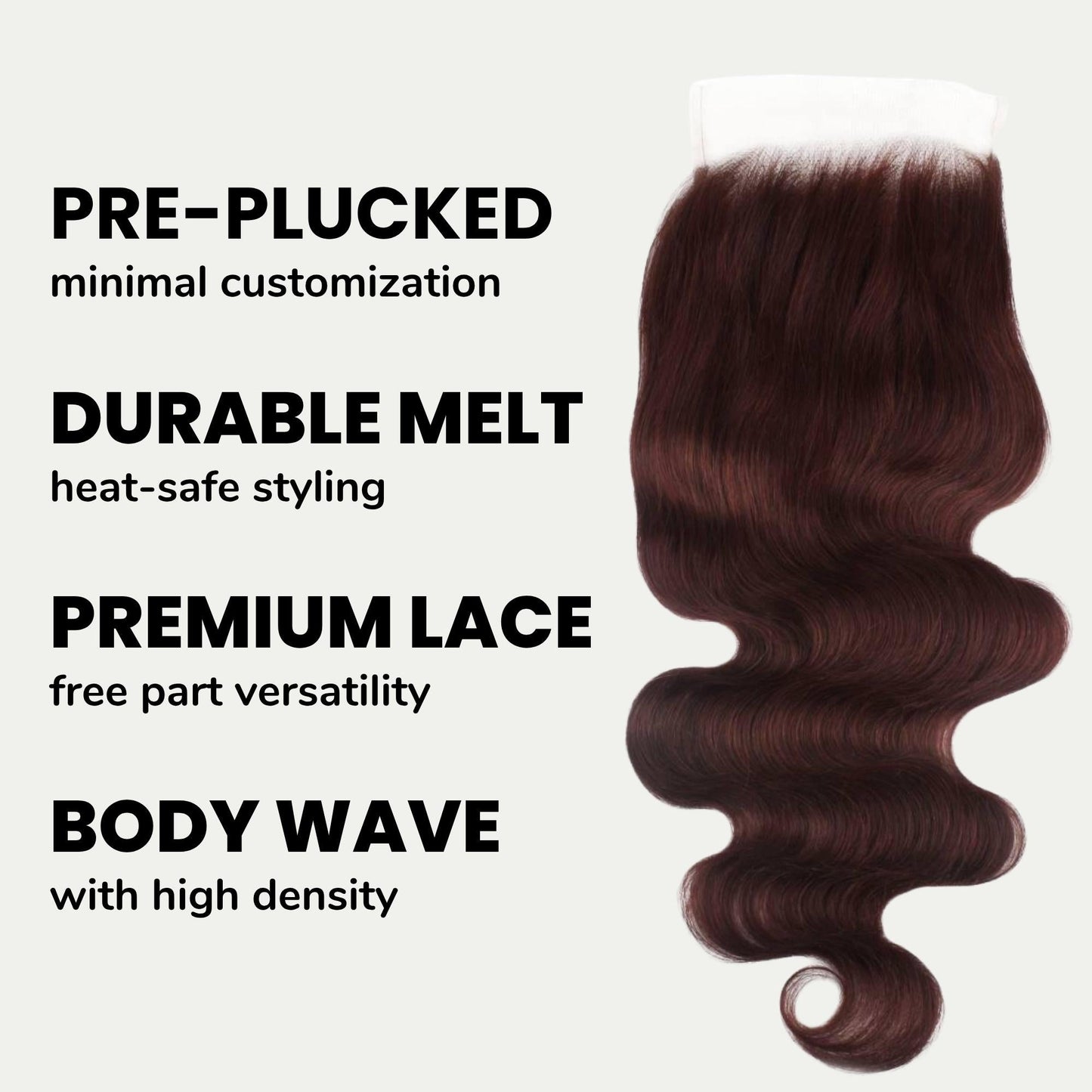 Cierre de cabello humano 5x5 HD Lace con ondas corporales color borgoña