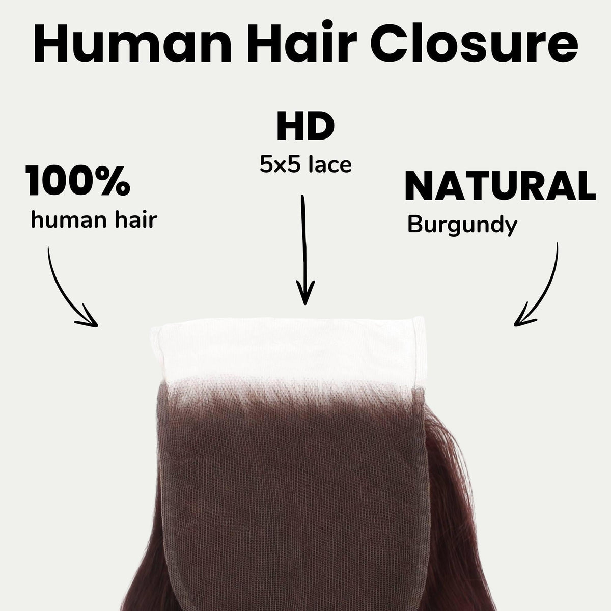 Cierre de cabello humano 5x5 HD Lace con ondas corporales color borgoña