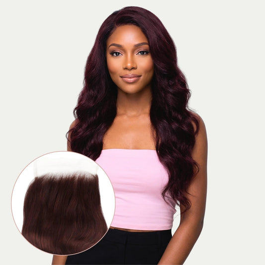 Cierre de cabello humano 5x5 HD Lace con ondas corporales color borgoña