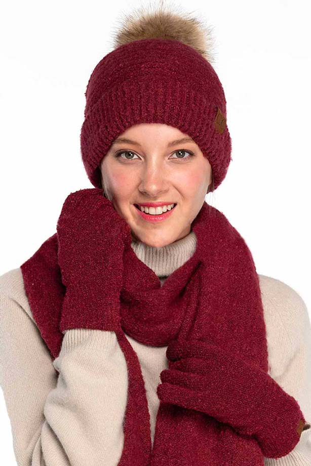 C.C Solid Boucle Yarn Beanie Hat With Pom