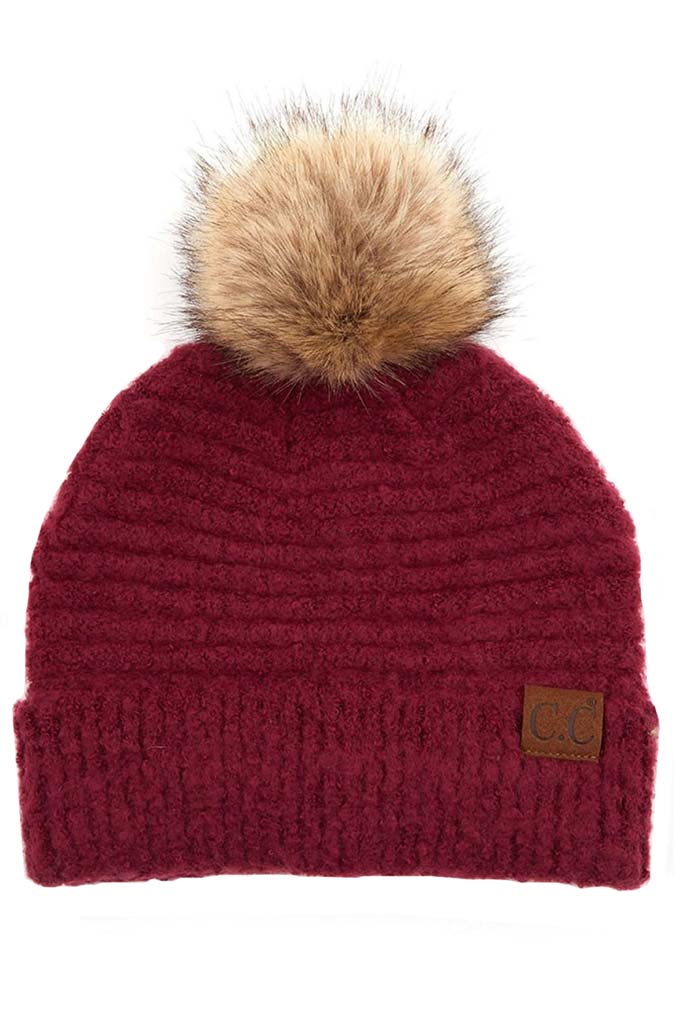 C.C Solid Boucle Yarn Beanie Hat With Pom