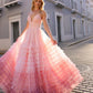 Nox Anabel C1420 Vestido largo de noche con falda de volantes escalonados degradados, corte en A y abertura