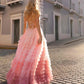 Nox Anabel C1420 Vestido largo de noche con falda de volantes escalonados degradados, corte en A y abertura