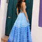 Nox Anabel C1420 Vestido largo de noche con falda de volantes escalonados degradados, corte en A y abertura