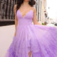 Nox Anabel C1420 Vestido largo de noche con falda de volantes escalonados degradados, corte en A y abertura
