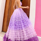Nox Anabel C1420 Vestido largo de noche con falda de volantes escalonados degradados, corte en A y abertura