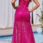 Vestido Largo Ajustado Ladivine C155 con Purpurina y Estampado Floral con Corsé Transparente