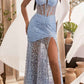 Vestido Largo Ajustado Ladivine C155 con Purpurina y Estampado Floral con Corsé Transparente