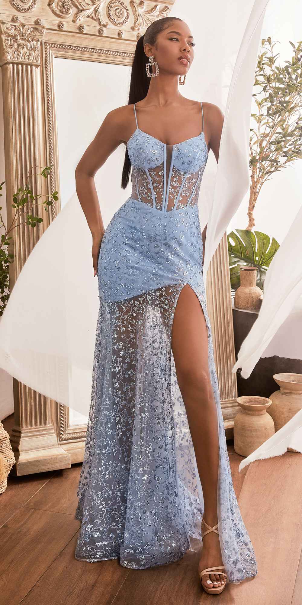 Vestido Largo Ajustado Ladivine C155 con Purpurina y Estampado Floral con Corsé Transparente