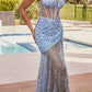 Vestido Largo Ajustado Ladivine C155 con Purpurina y Estampado Floral con Corsé Transparente