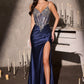 Vestido largo ajustado Ladivine C171 con corsé transparente, escote pronunciado y corpiño