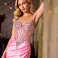 Vestido largo ajustado Ladivine C171 con corsé transparente, escote pronunciado y corpiño