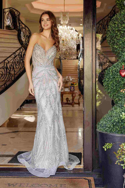 Nox Anabel C1833 Vestido de gala sin tirantes, con cuentas y escote pronunciado