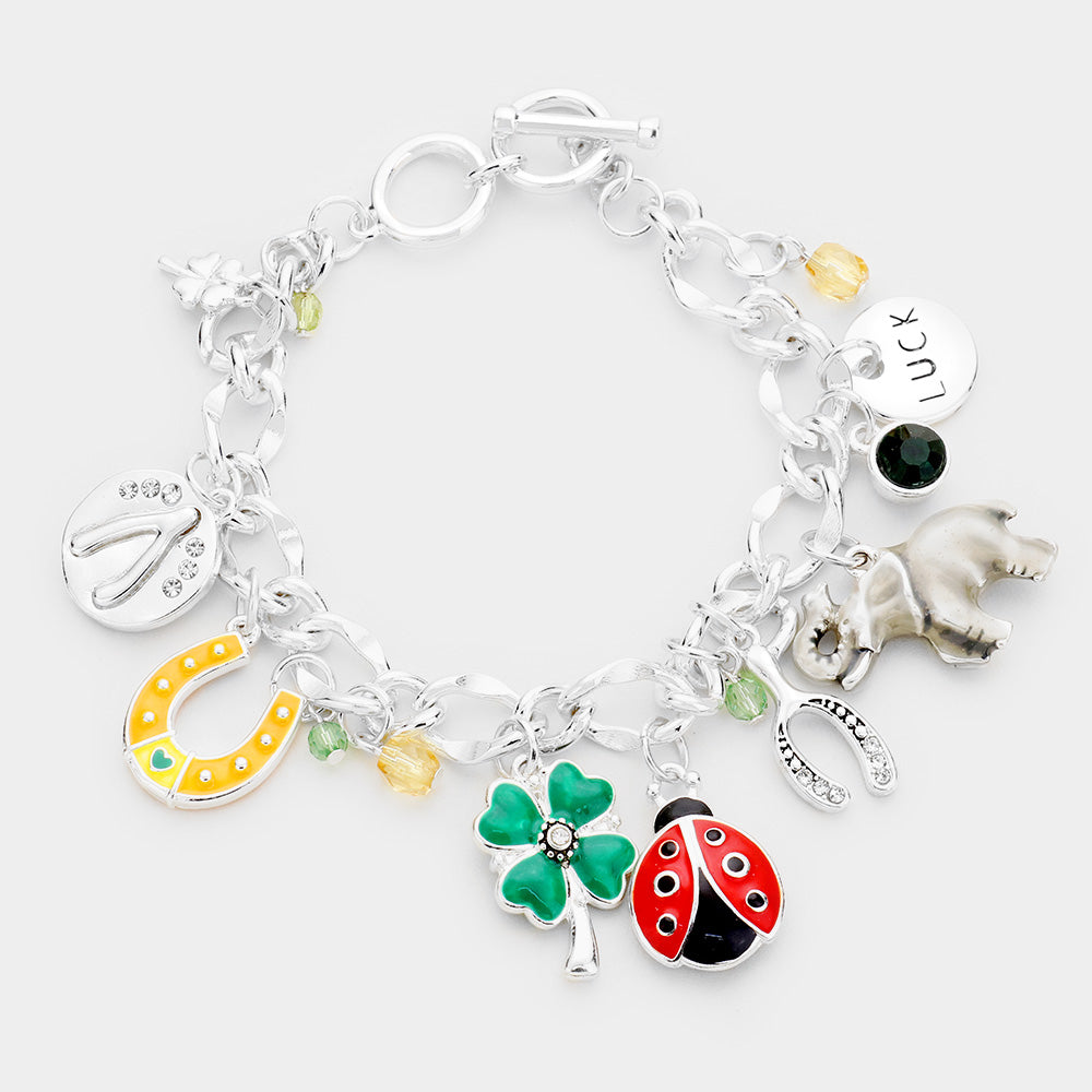 Enamel Luck Multi Charm Charm Toggle Bracelet
