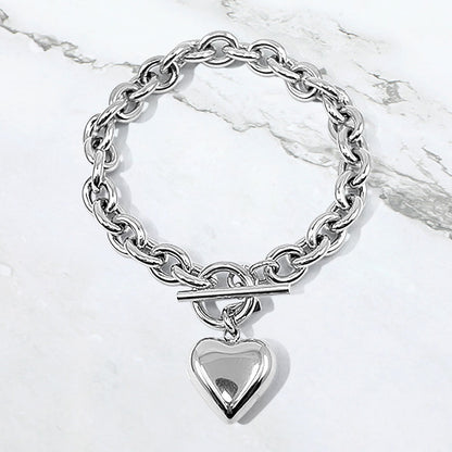 Stainless Steel Puffy Heart Charm Toggle Bracelet