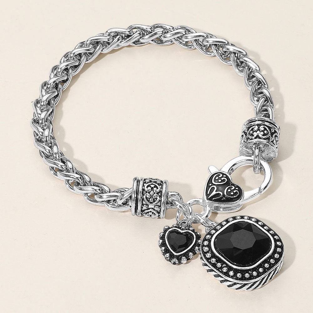 Square Heart Stone Charm Bracelet