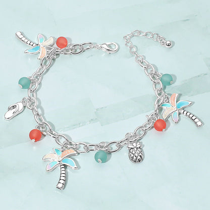 Tropical Palm Tree Flip Flop Pineapple Beads Charm Bracelet