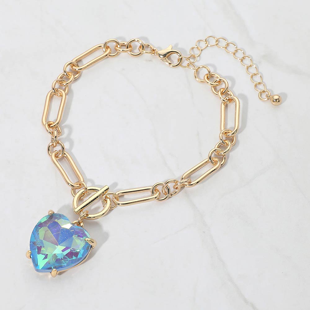 Women's Chunky Heart Stone Cluster Toggle Charm Bracelet