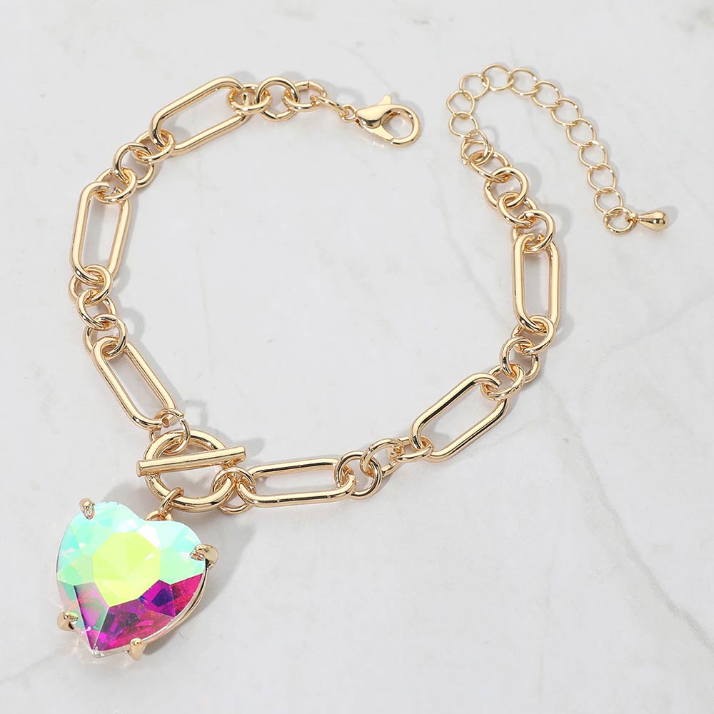 Women's Chunky Heart Stone Cluster Toggle Charm Bracelet