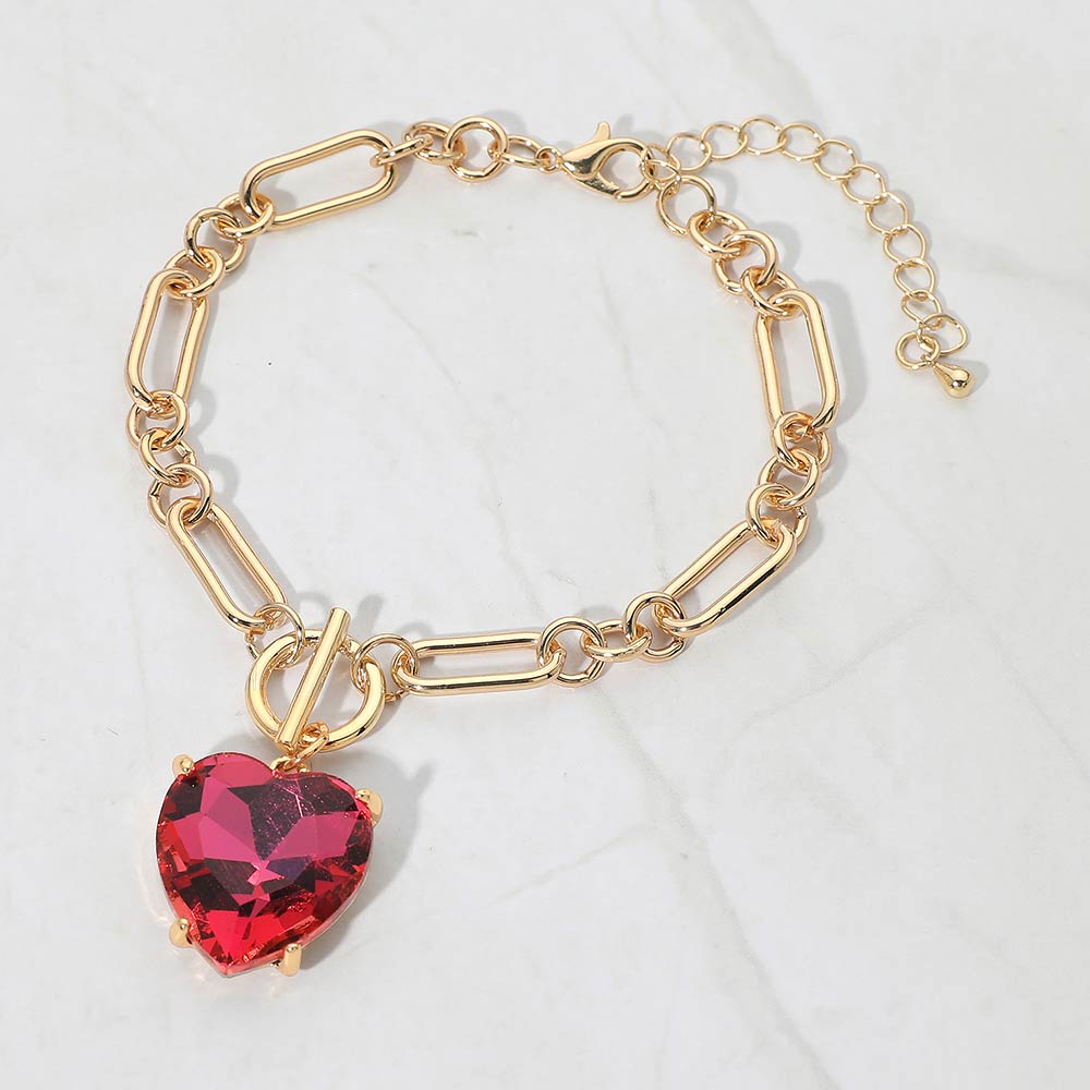 Women's Chunky Heart Stone Cluster Toggle Charm Bracelet