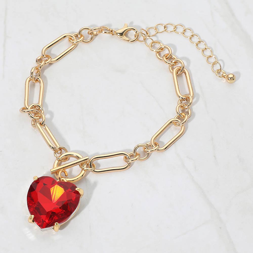 Women's Chunky Heart Stone Cluster Toggle Charm Bracelet