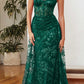 Ladivine CB046 Strapless Fitted Gown Floral Applique And Glitter Tulle Overskirt