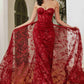 Cinderella Divine CB046W Strapless Gown Floral Applique Glitter Tulle Overskirt