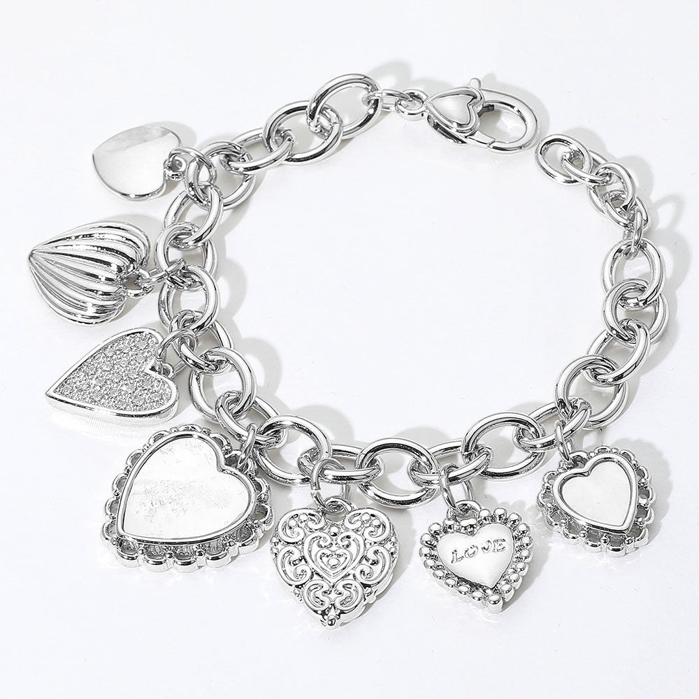 14K Gold Plated CZ Stone Paved Mother of Pearl Heart Charm Station Bracelet