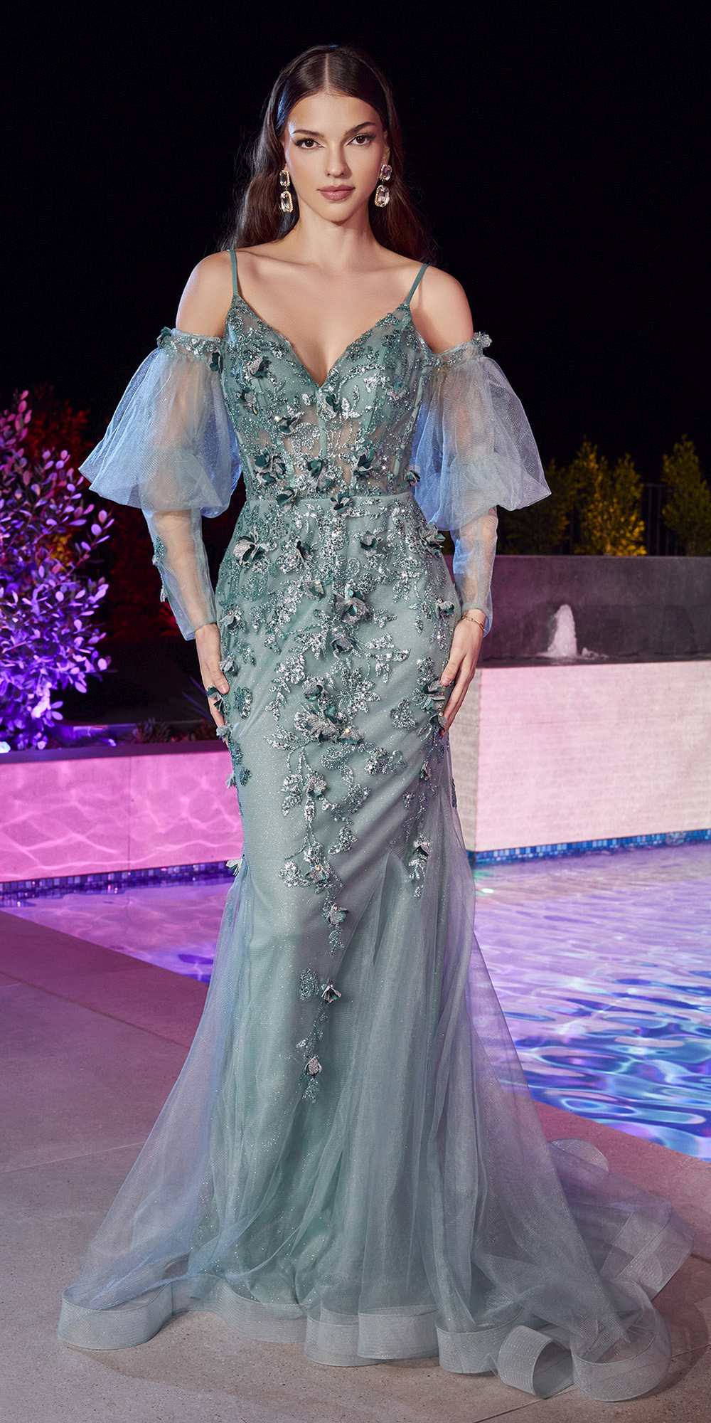 Vestido de sirena ajustado adornado Ladivine CB121 con mangas abullonadas