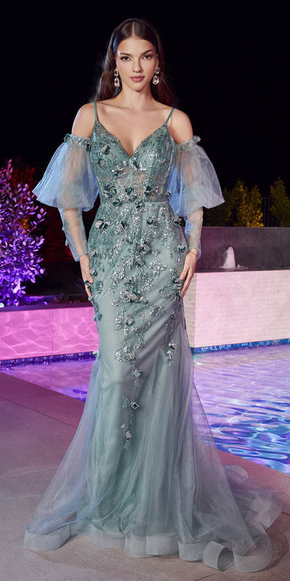 Vestido de sirena ajustado adornado Ladivine CB121 con mangas abullonadas