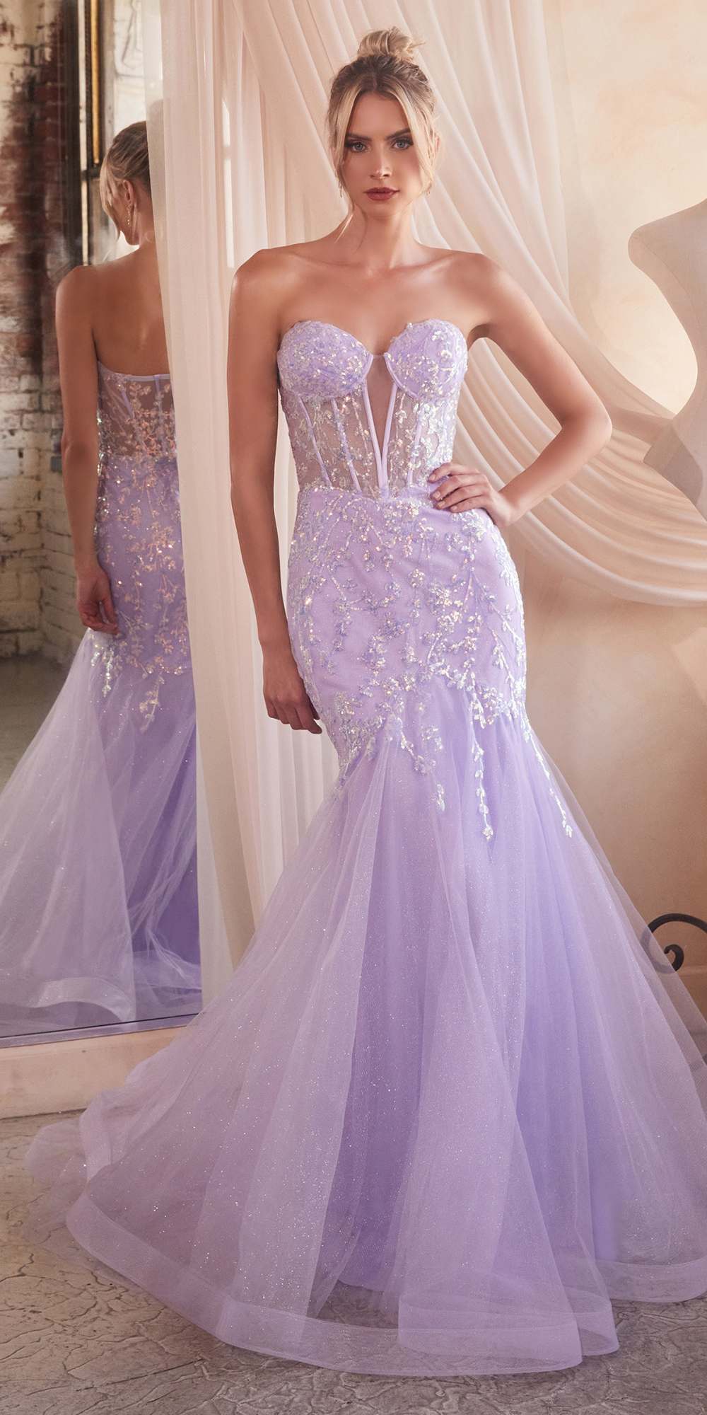 Vestido de noche largo de sirena ceñido con pedrería sin tirantes Ladivine CB139